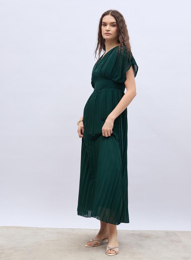 فستان ماكسي بأكمام طويلة مكشكشة وخصر مطاطي