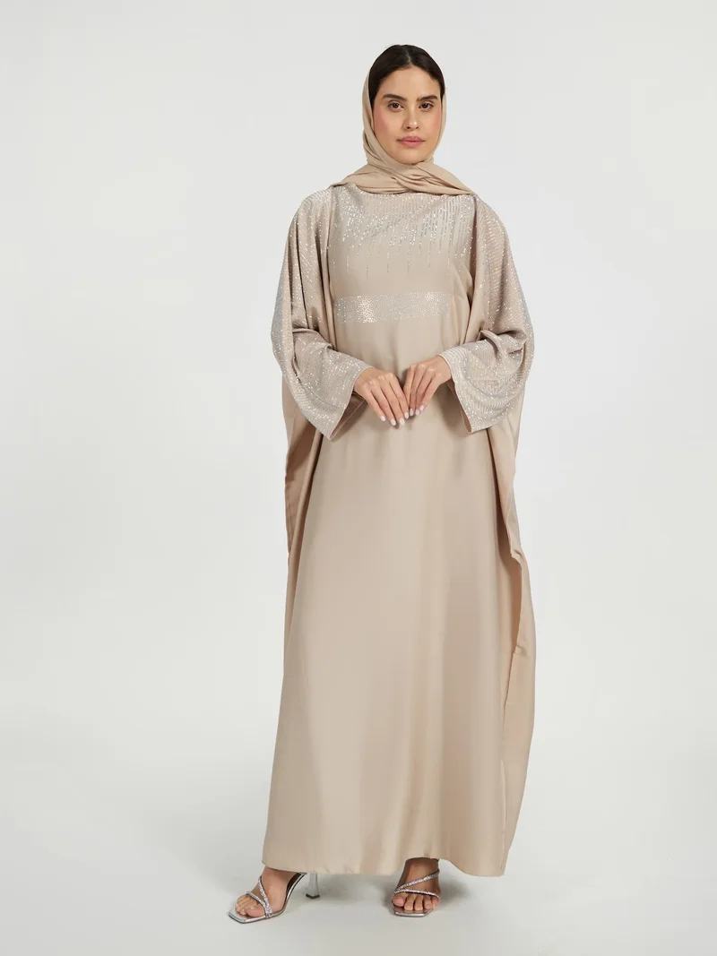 Reem Abayas Champagne Luxury Kaftan with Silver Sequin Rain Embellishment