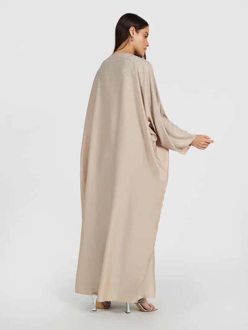 Reem Abayas  Champagne Luxury Kaftan with Silver Sequin Rain Embellishment for Women | Best Price UAE