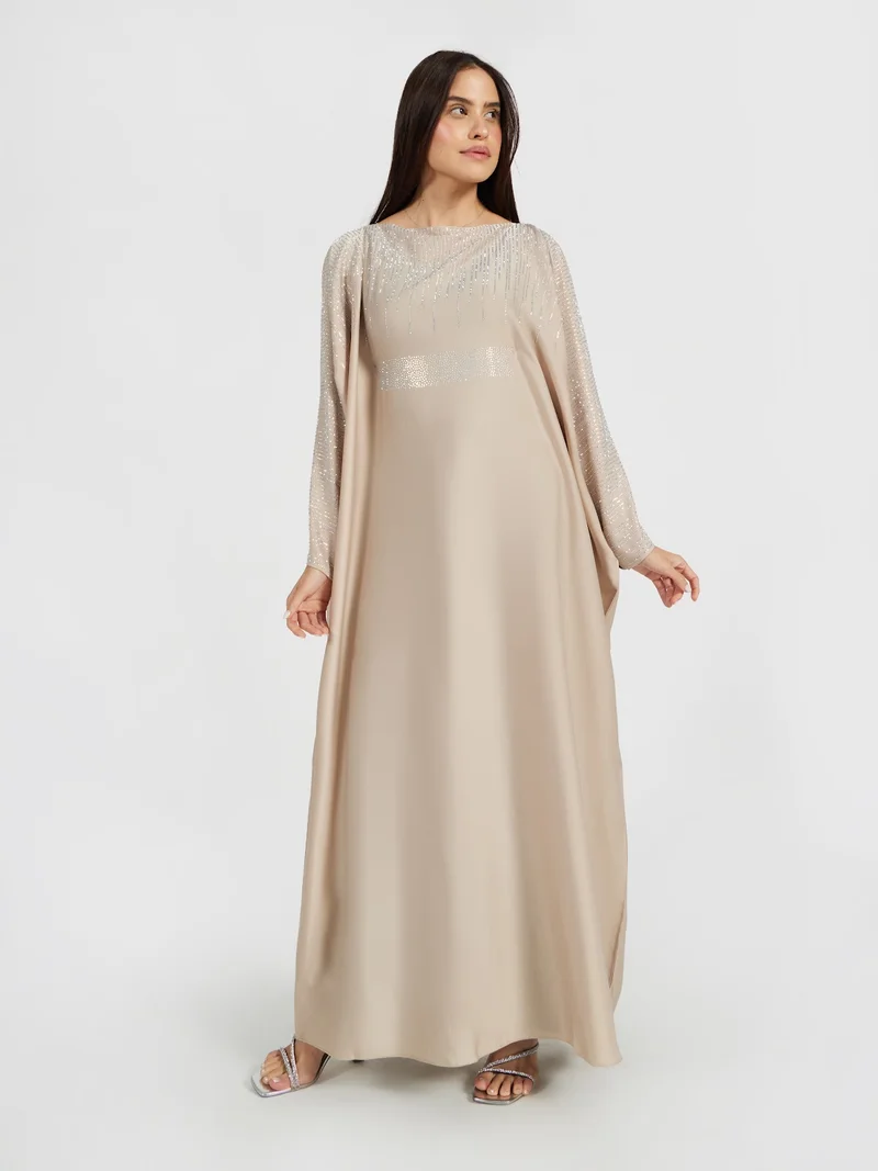Reem Abayas Champagne Luxury Kaftan with Silver Sequin Rain Embellishment