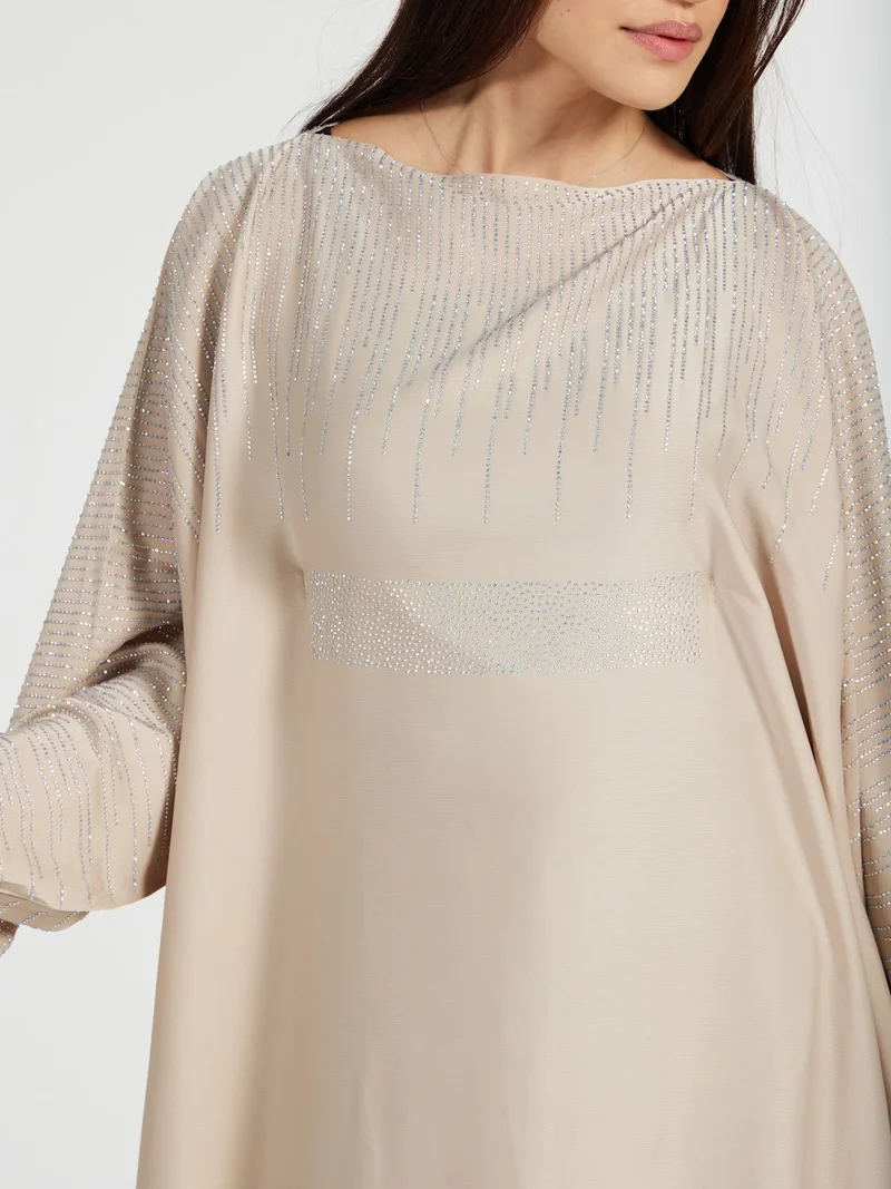 Reem Abayas  Champagne Luxury Kaftan with Silver Sequin Rain Embellishment for Women | Best Price UAE