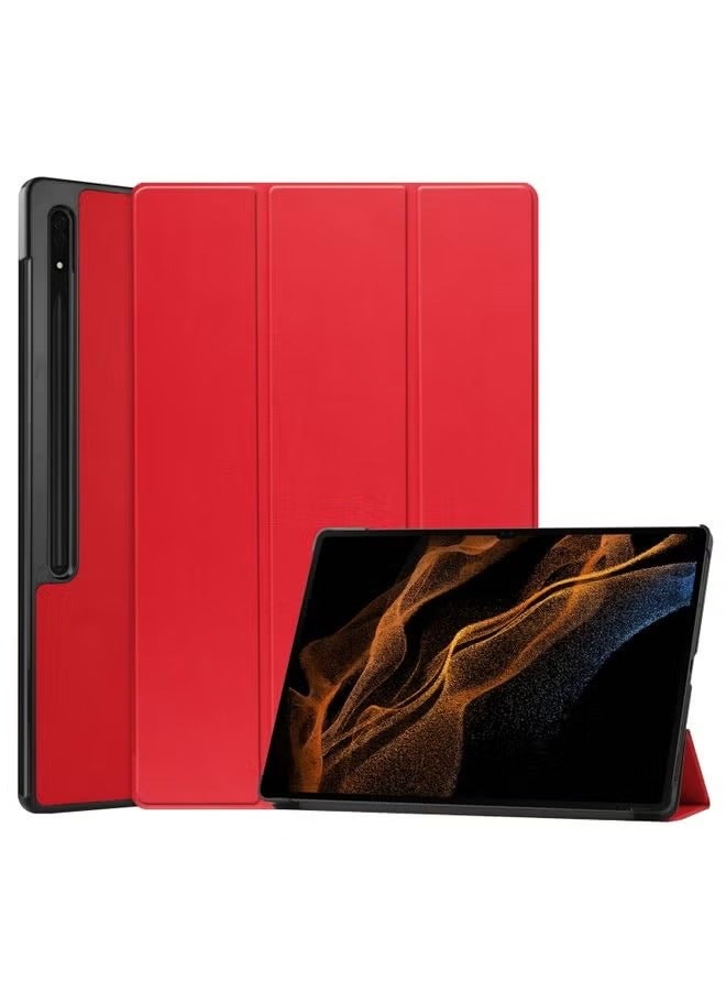 PROMASS Case Cover For Samsung Galaxy Tab S9 Ultra Custer Pure Color 3-Fold Holder Smart Leather Tablet Case Red