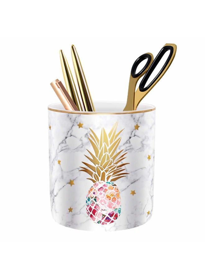 WAVEYU Pen Holder, Pencil Holder for Desk, Cute Makeup Brush Holder Marble Pineapple Pattern Pencil Cup for Girls Kids Durable Ceramic Desk Organizer Ideal Gift for Office, Classroom, Pineapple - Image 1