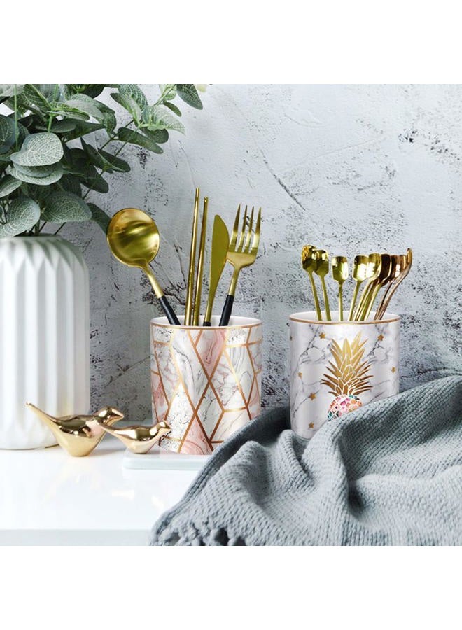 WAVEYU Pen Holder, Pencil Holder for Desk, Cute Makeup Brush Holder Marble Pineapple Pattern Pencil Cup for Girls Kids Durable Ceramic Desk Organizer Ideal Gift for Office, Classroom, Pineapple - Image 2