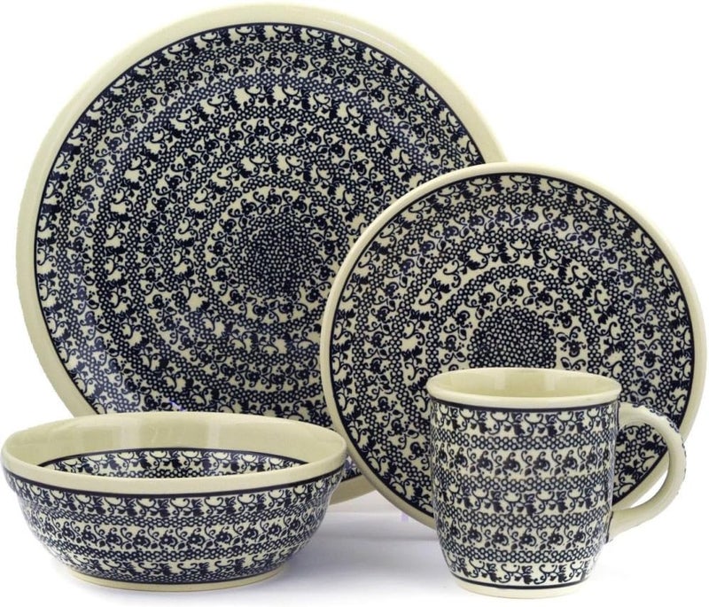 Polmedia Polish Pottery Authentic Polish Pottery 5 PC Place Setting in Black Lace Design Handmade in Bolesawiec Poland  Certificate of Authenticity  - Image 1