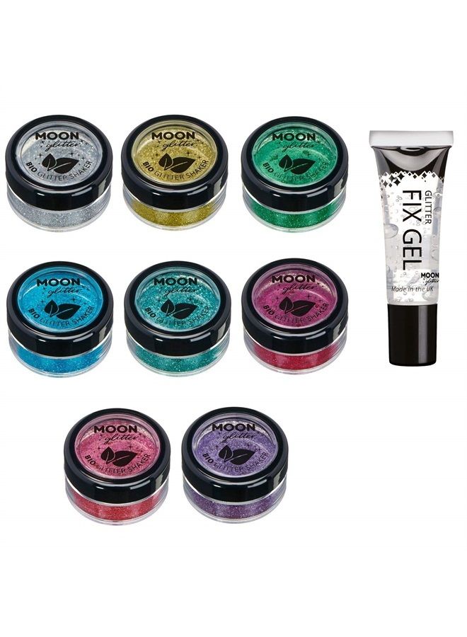 Moon Glitter Biodegradable Eco Glitter Shakers - 100% Cosmetic Bio Glitter for Face, Body, Nails, Hair & Lips - 5g Set of 8 plus Fix Gel - Image 1