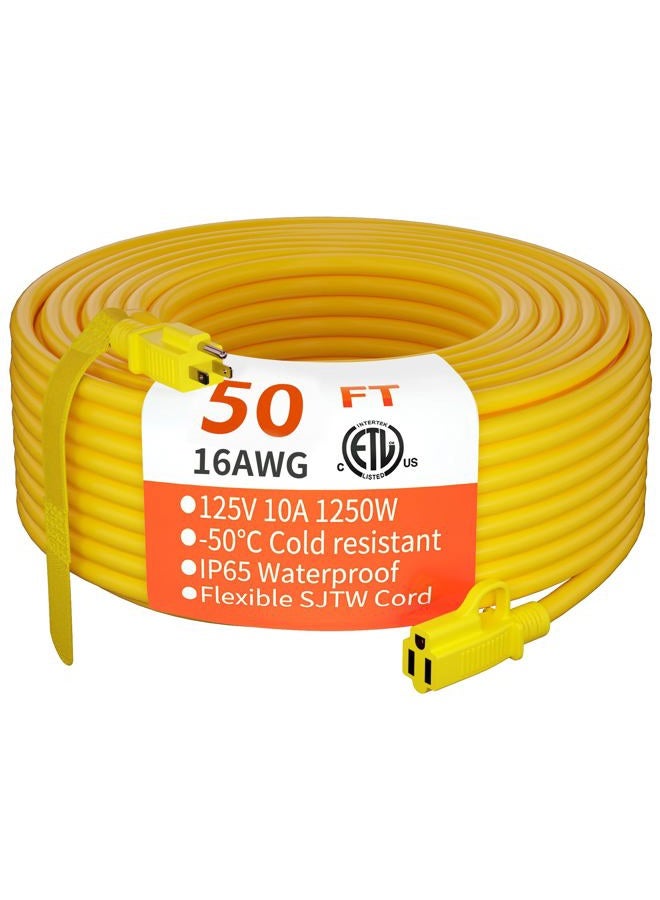 huanchain Indoor Outdoor Extension Cord 50 ft Waterproof, 16/3 Gauge Flexible Cold-Resistant Appliance Extension Cord Outside, 13A 1625W 16AWG SJTW, 3 Prong Heavy Duty Electric Cord Yellow, ETL - Image 1