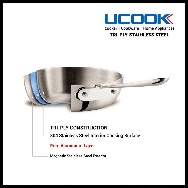 UCOOK Stainless Steel Triply Induction Compatible Frypan, 260 mm/2.25 LTR, Silver - Image 4