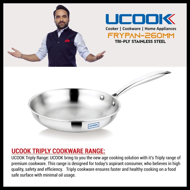 UCOOK Stainless Steel Triply Induction Compatible Frypan, 260 mm/2.25 LTR, Silver - Image 2