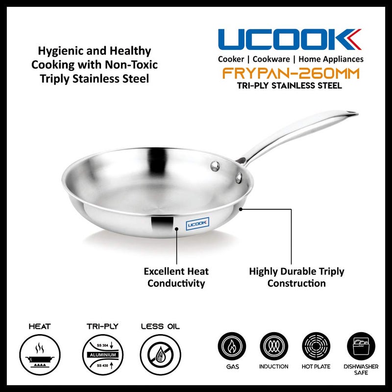 UCOOK Stainless Steel Triply Induction Compatible Frypan, 260 mm/2.25 LTR, Silver - Image 3