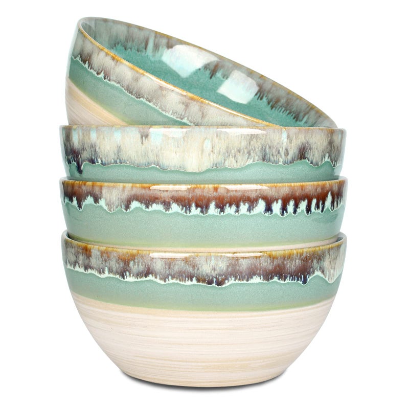Bosmarlin Ceramic Soup Bowl Set of 4, 26 Oz, 6 Inch Stoneware Cereal Bowl for Oatmeal, Salad, Dishwasher and Microwave Safe, Reactive Glaze (Green, 6 in) - Image 1