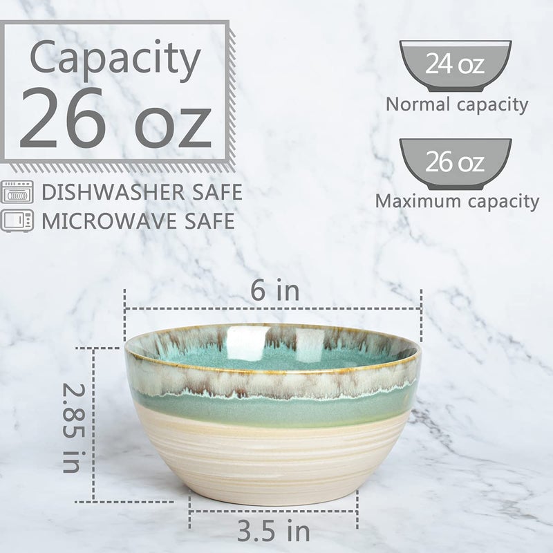 Bosmarlin Ceramic Soup Bowl Set of 4, 26 Oz, 6 Inch Stoneware Cereal Bowl for Oatmeal, Salad, Dishwasher and Microwave Safe, Reactive Glaze (Green, 6 in) - Image 2