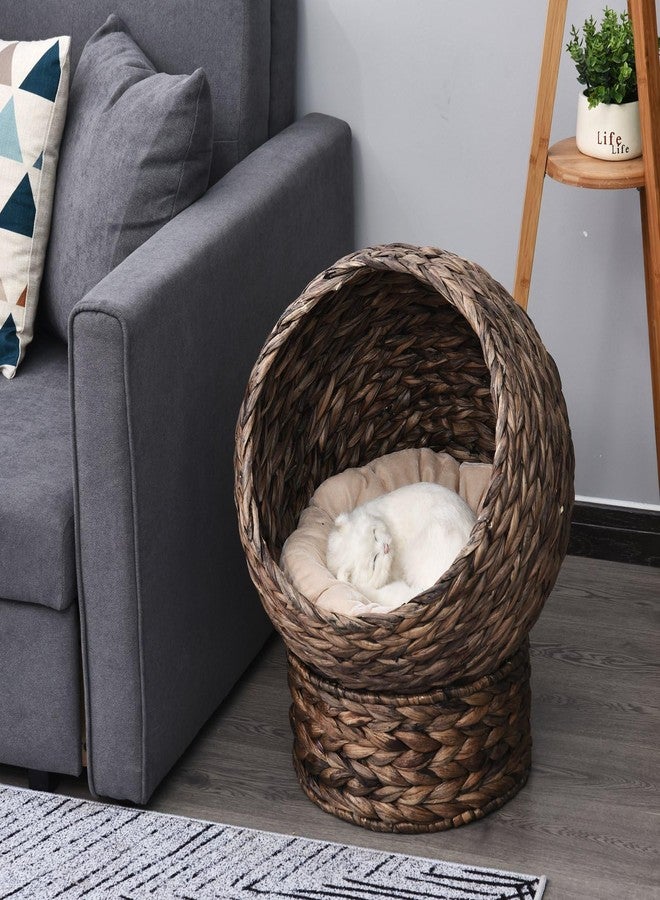 Handmade Wicker Cat Bed – Elevated Rattan Design with Soft Cushion, Dark Brown - Image 1