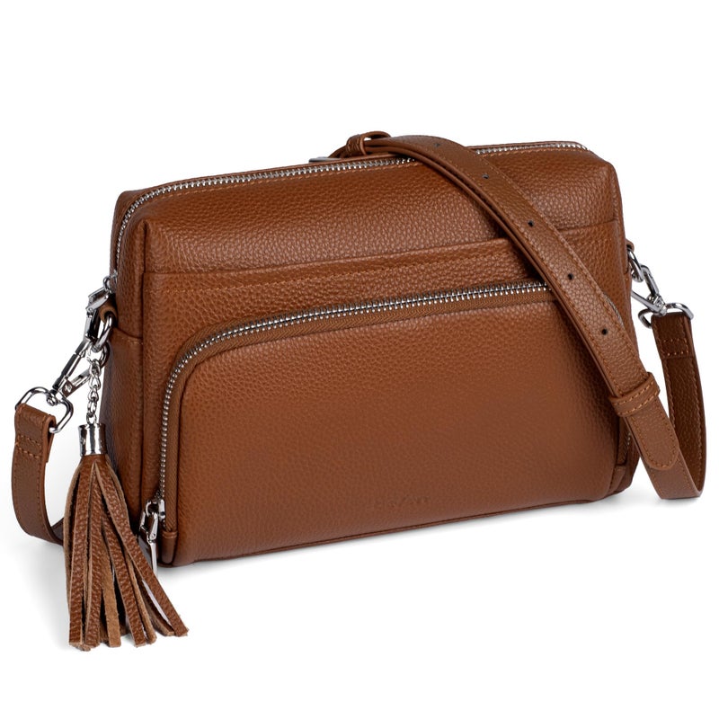 befen Soft Real Leather Crossbody Purses for Women Small Cross Body Bags Leather Shoulder Travel Purse with Built in RFID Wallet Cognac Brown - Image 1