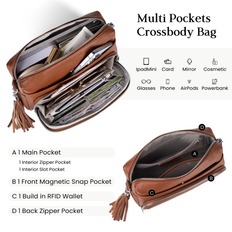 befen Soft Real Leather Crossbody Purses for Women Small Cross Body Bags Leather Shoulder Travel Purse with Built in RFID Wallet Cognac Brown - Image 5