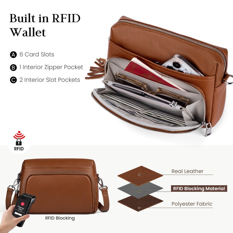 befen Soft Real Leather Crossbody Purses for Women Small Cross Body Bags Leather Shoulder Travel Purse with Built in RFID Wallet Cognac Brown - Image 4