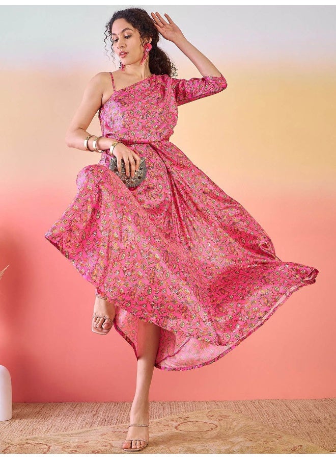 AKS Floral Printed One Shoulder Flared Maxi Dress  - Image 4