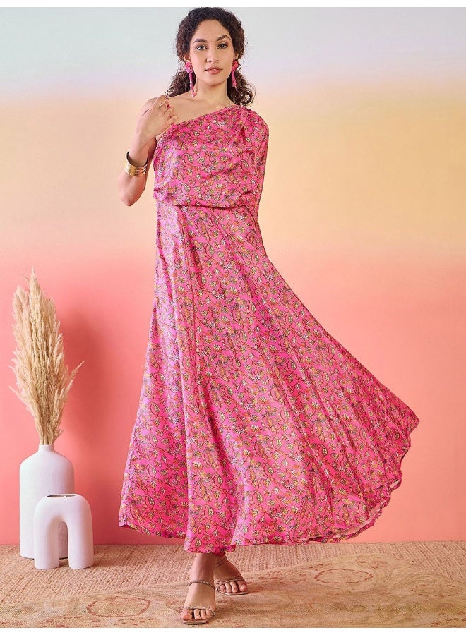 AKS Floral Printed One Shoulder Flared Maxi Dress  - Image 1