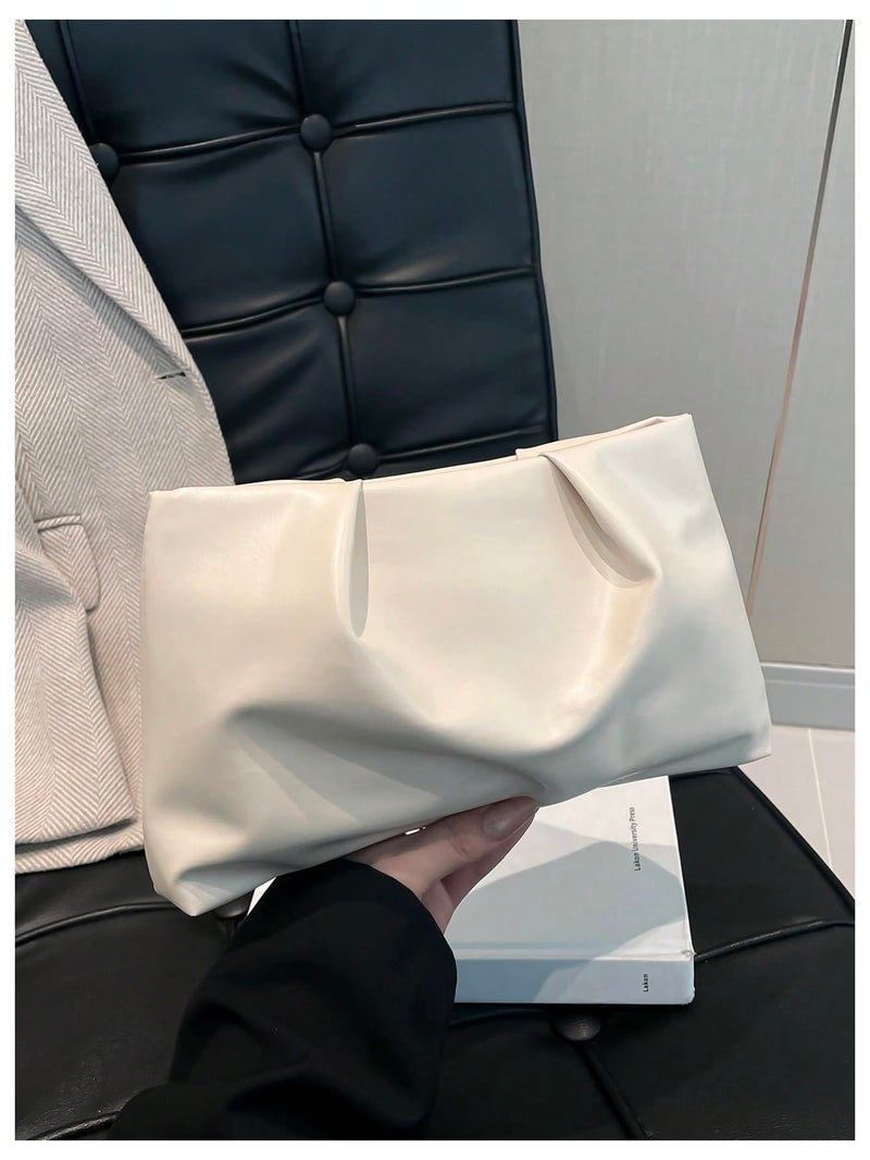 OYOANGLE Women's PU Leather Clutch Purses Small Zipper Ruched Minimalist Handbag Beige One Size - Image 3