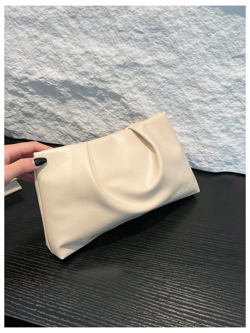 OYOANGLE Women's PU Leather Clutch Purses Small Zipper Ruched Minimalist Handbag Beige One Size - Image 4