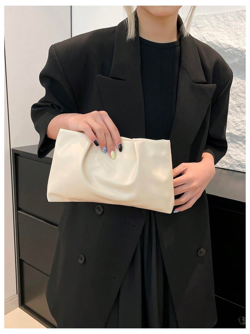 OYOANGLE Women's PU Leather Clutch Purses Small Zipper Ruched Minimalist Handbag Beige One Size - Image 2