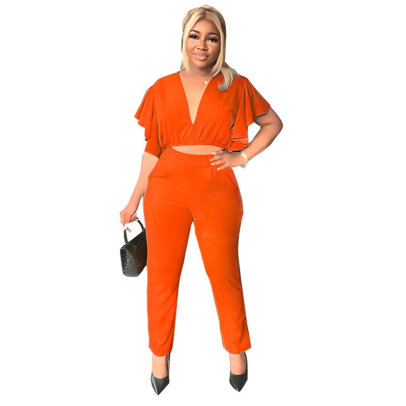 9759 Cross-border Europe and America Amazon Deep V Crop Top Slim Fit Straight Leg Pants Casual Two-piece Set Orange  - Image 1