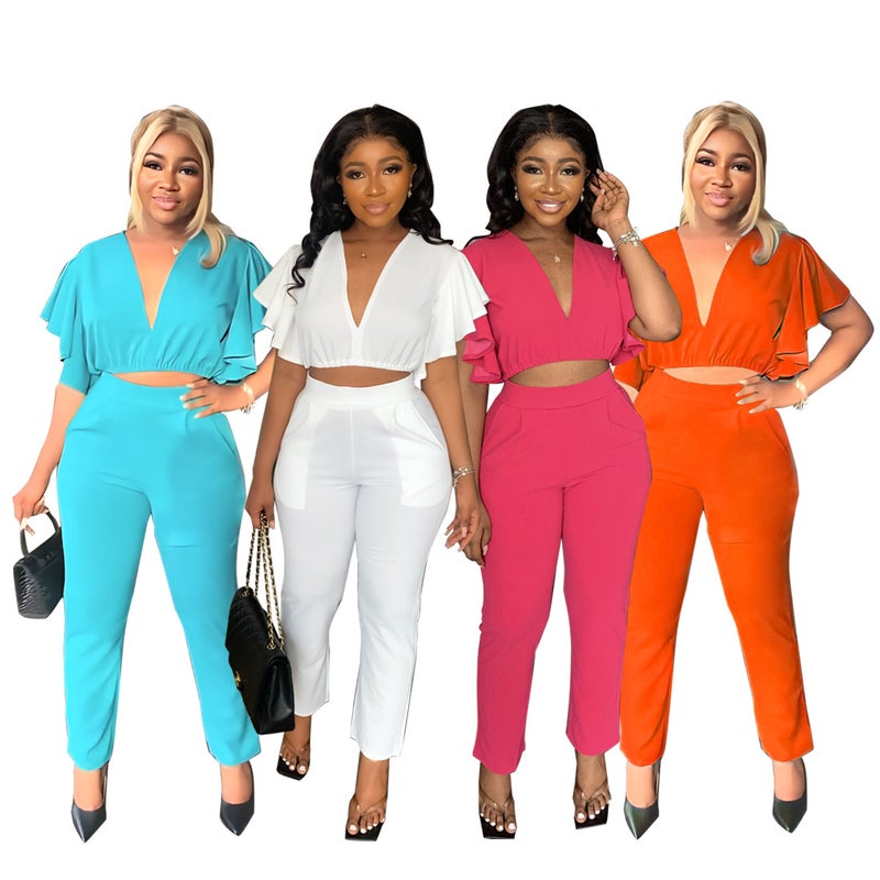 9759 Cross-border Europe and America Amazon Deep V Crop Top Slim Fit Straight Leg Pants Casual Two-piece Set Orange  - Image 3