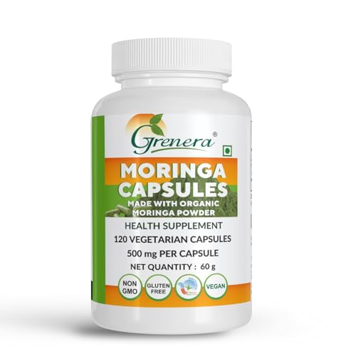 Grenera Organic Moringa Leaf Powder Capsules 120 nos, Drumstick Tree Leaf Powder Capsules, Pure Shigru - Image 1