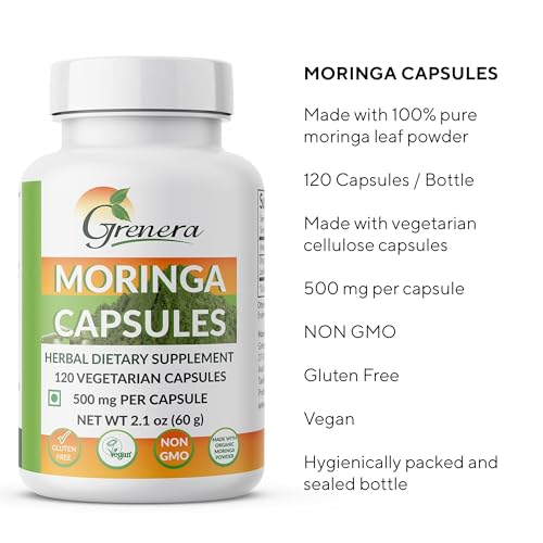 Grenera Organic Moringa Leaf Powder Capsules 120 nos, Drumstick Tree Leaf Powder Capsules, Pure Shigru - Image 2