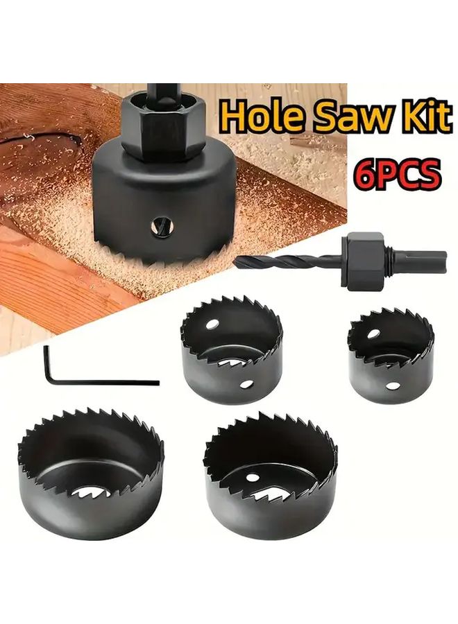 Heavy Duty Steel Hole Saw Set 6Pcs with Mandrel for Wood Plastic PVC Drywall Metal Cordless Drills DIY Construction Renovation - Image 1