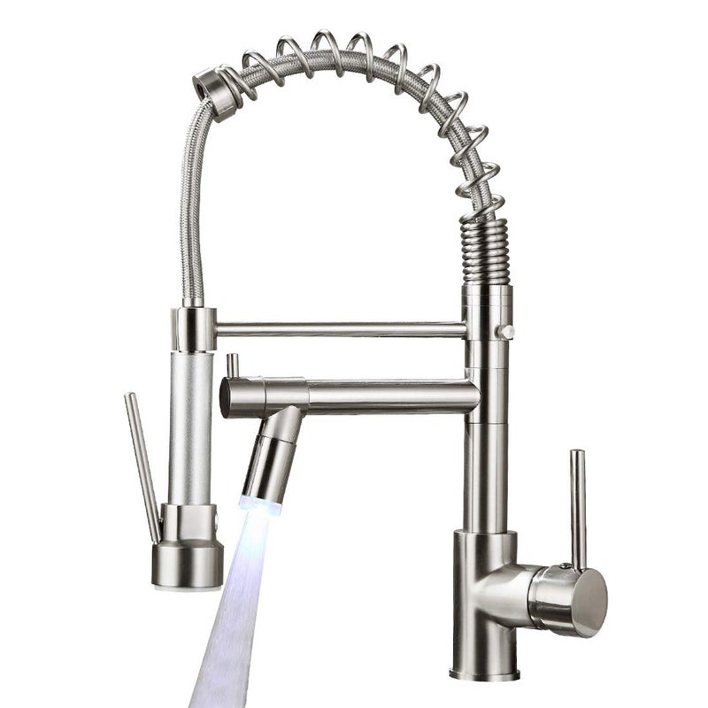 AIMADI Commerical Kitchen Faucet with SprayerSingle Handle Pull Down Sprayer Kitchen Sink Faucet with LED Light Two SpoutBrushed Nickel
