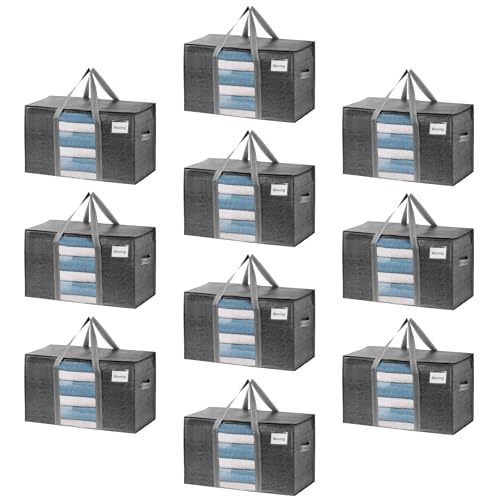 VENO 10 Pack Moving Bags with Clear Window, Heavy Duty Storage Bins with Lid, Around Handles, Tag, Zippers, Extra Large Totes Packing Moving Boxes Supplies for College Dorm Clothes (Dark Gray) - Image 1