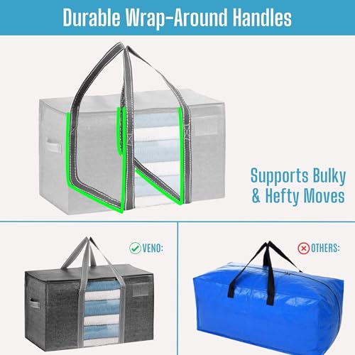 VENO 10 Pack Moving Bags with Clear Window, Heavy Duty Storage Bins with Lid, Around Handles, Tag, Zippers, Extra Large Totes Packing Moving Boxes Supplies for College Dorm Clothes (Dark Gray) - Image 2