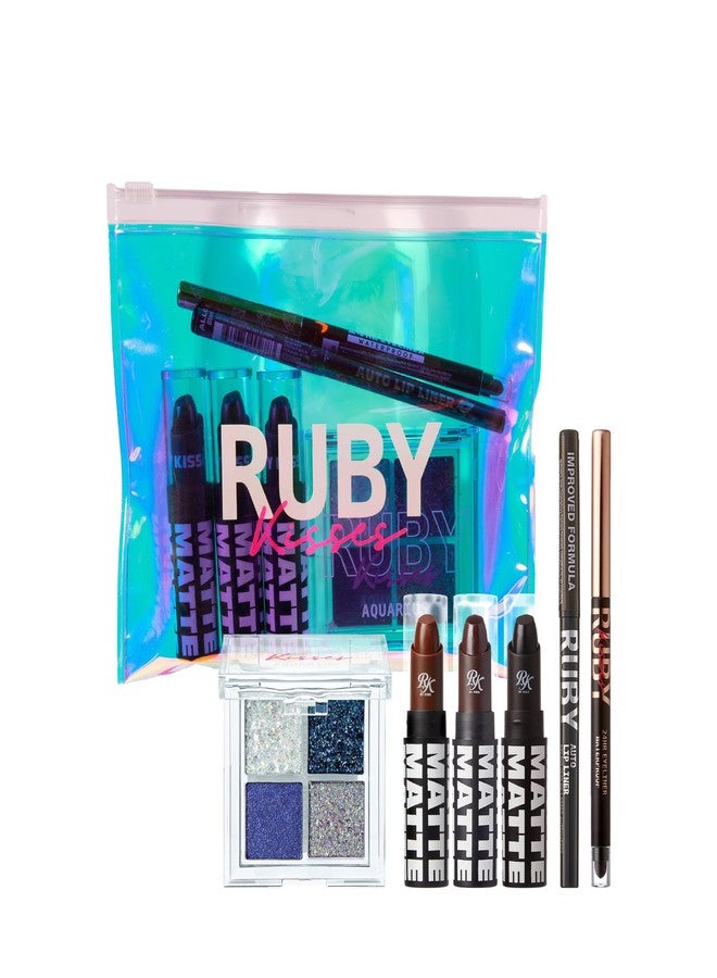 Ruby Kisses Limited Edition Bold Makeup Kit - 3 Mattest Matte Lipsticks, Glitter Gem Palette, Waterproof Eyeliner, Auto Lip Liner & Holographic Pouch - Image 1