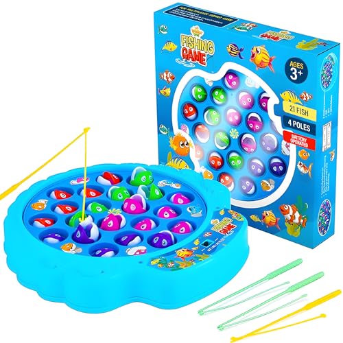 IPIDIPI TOYS Fishing Game for Kids 21 Fish and 4 Poles Hook Fish Toy with Rotating Board and Music Motor Skill Activity for Boys and Girls 3 Party Favors for Kids Blue - Image 1