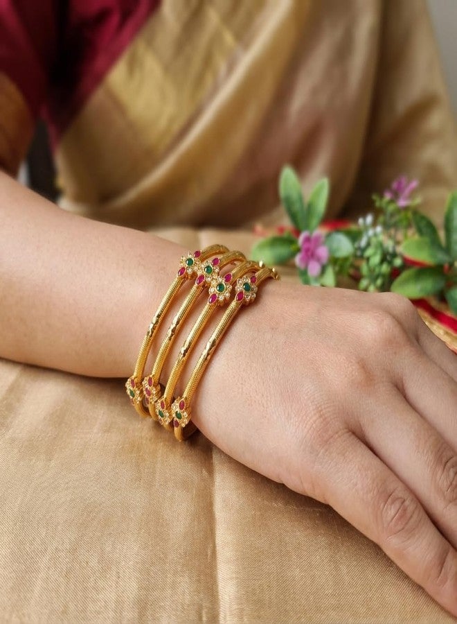 أساور AAIKU التقليدية المطلية بالذهب والمرصعة بالأحجار للنساء | طقم من 4 أساور بتصميم زهري مرصعة بأحجار خضراء ووردية | مجوهرات عرقية أنيقة (2.4، 6، قطعة) - Image 2