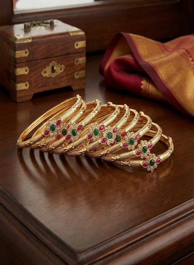 أساور AAIKU التقليدية المطلية بالذهب والمرصعة بالأحجار للنساء | طقم من 4 أساور بتصميم زهري مرصعة بأحجار خضراء ووردية | مجوهرات عرقية أنيقة (2.4، 6، قطعة) - Image 4