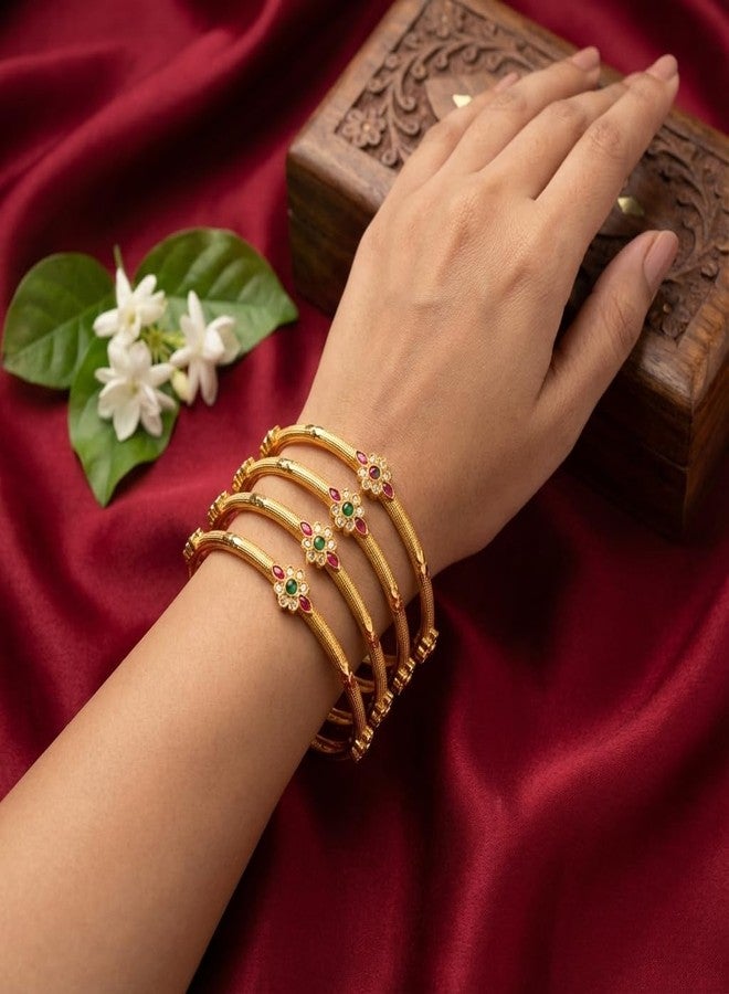 أساور AAIKU التقليدية المطلية بالذهب والمرصعة بالأحجار للنساء | طقم من 4 أساور بتصميم زهري مرصعة بأحجار خضراء ووردية | مجوهرات عرقية أنيقة (2.4، 6، قطعة) - Image 3