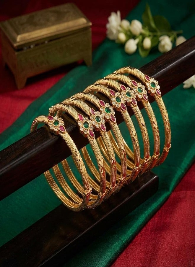 أساور AAIKU التقليدية المطلية بالذهب والمرصعة بالأحجار للنساء | طقم من 4 أساور بتصميم زهري مرصعة بأحجار خضراء ووردية | مجوهرات عرقية أنيقة (2.4، 6، قطعة) - Image 5