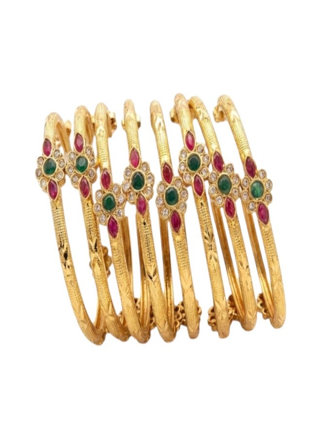 أساور AAIKU التقليدية المطلية بالذهب والمرصعة بالأحجار للنساء | طقم من 4 أساور بتصميم زهري مرصعة بأحجار خضراء ووردية | مجوهرات عرقية أنيقة (2.4، 6، قطعة) - Image 1