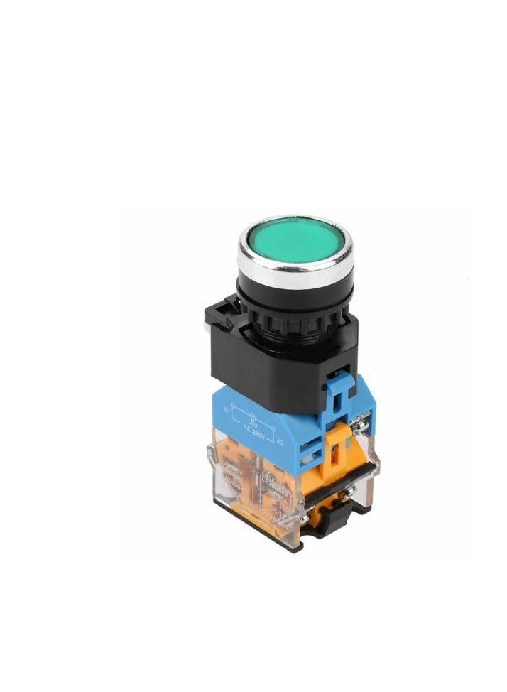 KNP LA38-11DS 220V GREEN is a robust industrial grade push button switch designed for use in control circuits requiring start go or activation functions With its green color this switch is ideal for signaling operations providing high visibility and ease of use. - Image 1