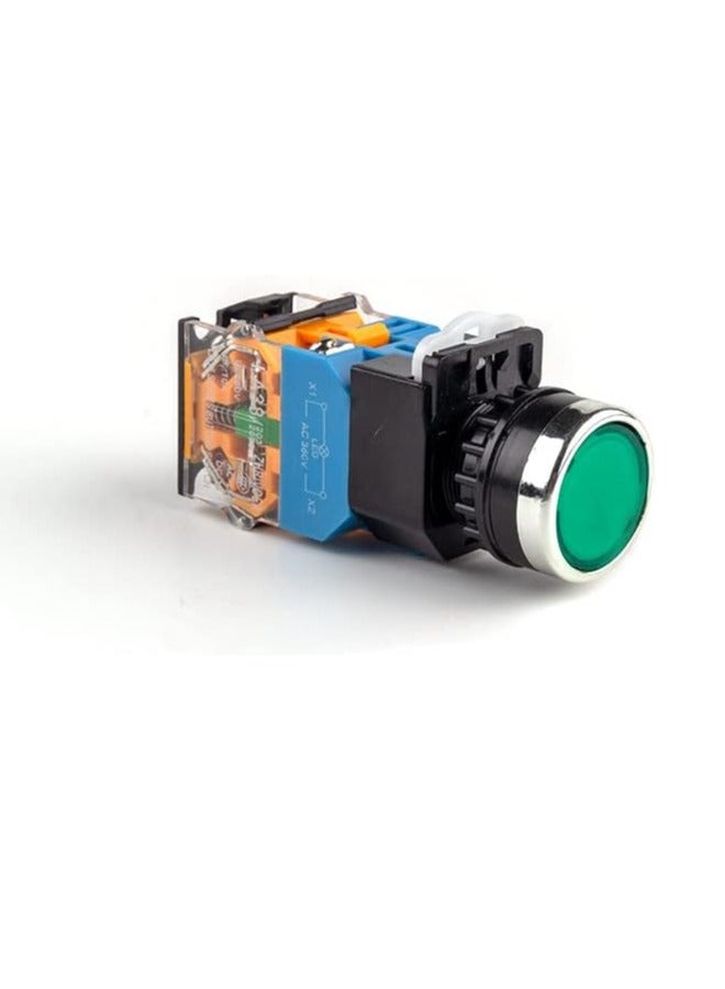 KNP LA38-11DS 220V GREEN is a robust industrial grade push button switch designed for use in control circuits requiring start go or activation functions With its green color this switch is ideal for signaling operations providing high visibility and ease of use. - Image 2