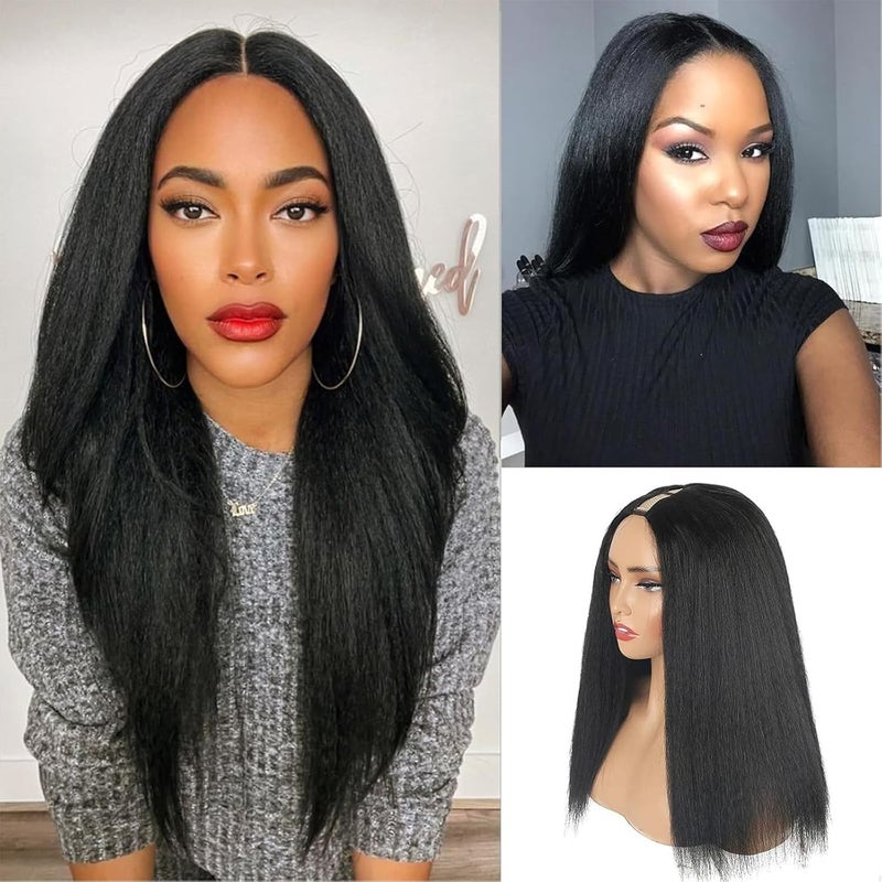 SCENTW SCENTW Kinky Straight V Part Wig Synthetic Hair wigs for Black Women No Leave Out No Glue Upgrade U Part Wig Glueless Full Head Natural Black V Part Clip in Half Wig U Part Wig Updated Version