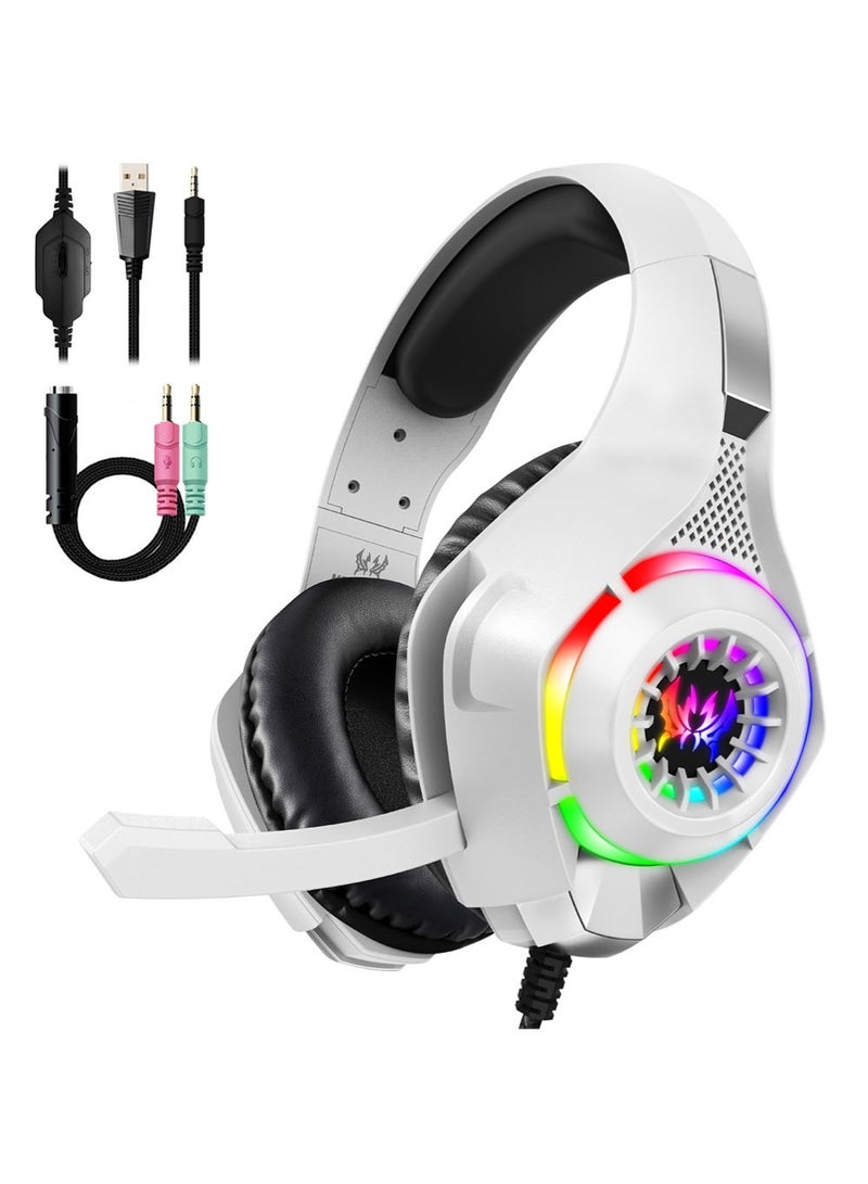 GS410 Wired Gaming Headset  Over-Ear Gaming Headphones with Noise Canceling Microphone 40mm Drivers RGB Light 3.5mm Plug and USB Wired Headset for PC PS5 PS4 Mac Switch White - Image 1