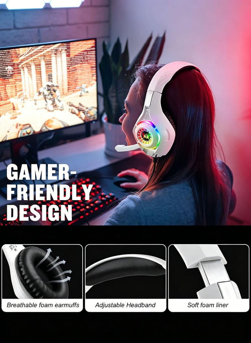 GS410 Wired Gaming Headset  Over-Ear Gaming Headphones with Noise Canceling Microphone 40mm Drivers RGB Light 3.5mm Plug and USB Wired Headset for PC PS5 PS4 Mac Switch White - Image 4