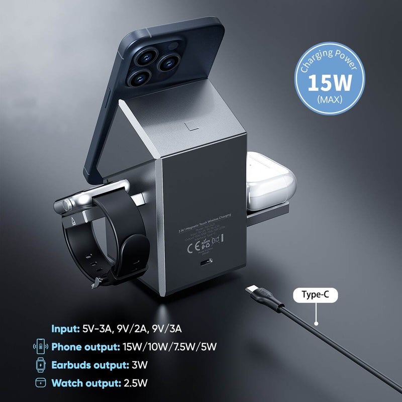 Vidvie WLC1421 شاحن سريع 15 واط 3 في 1 مع قاعدة لمسية للهواتف الذكية والساعات والمزيد - Image 5