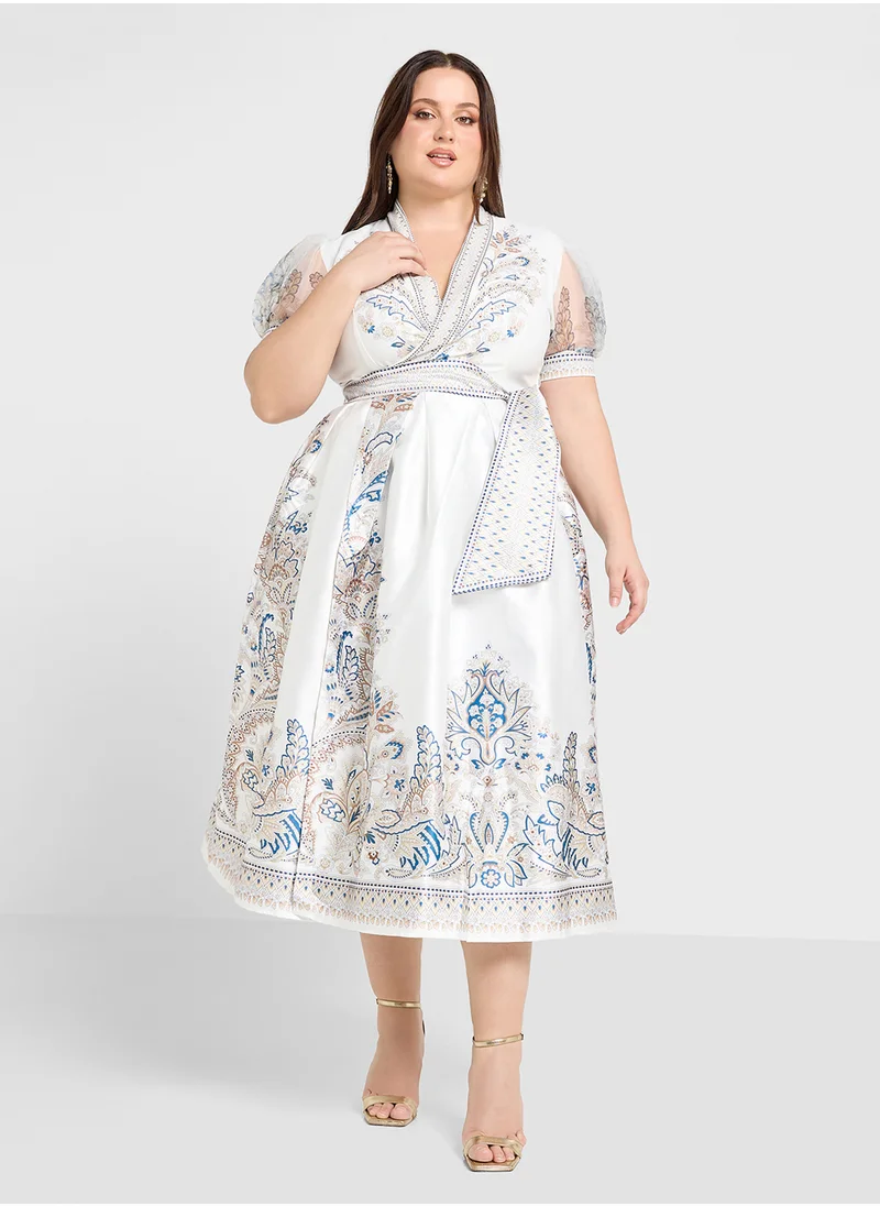 Khizana Plus size long printed dress with bow tie detail