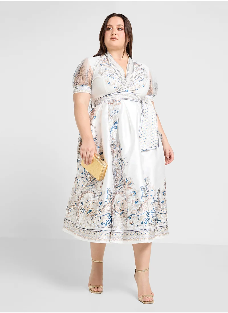 Khizana Plus size long printed dress with bow tie detail
