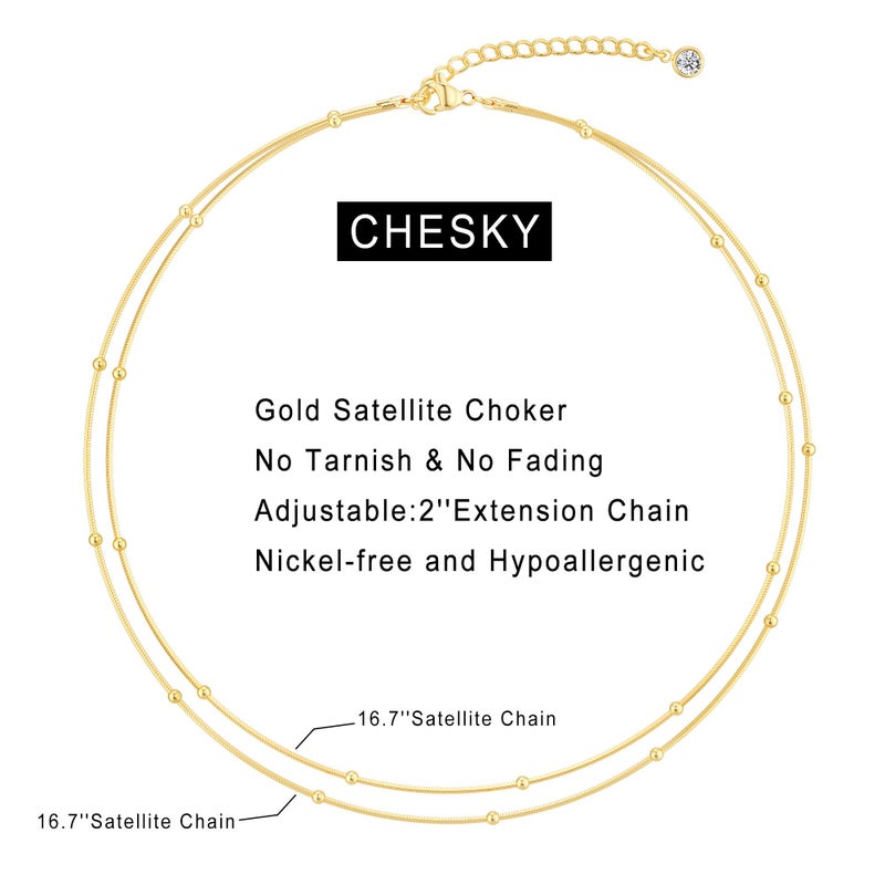 CHESKY 14k Gold Plated Layered Choker Necklace for Women, Dainty Thin Snake Satellite Beads Necklaces Trendy Handmade Double Layering Small Simple Minimalist Jewelry - Image 5