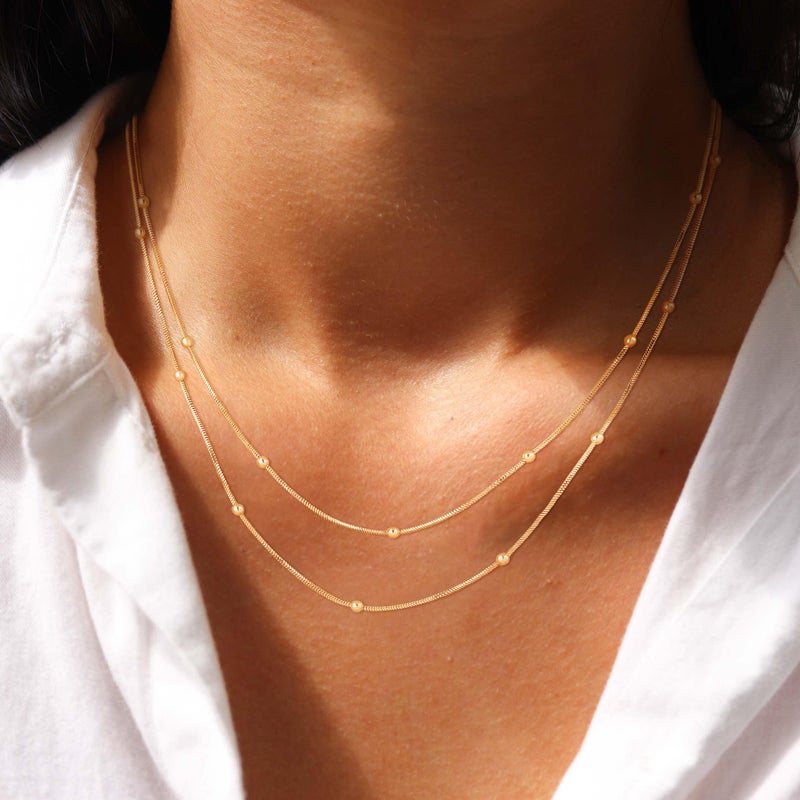 CHESKY 14k Gold Plated Layered Choker Necklace for Women, Dainty Thin Snake Satellite Beads Necklaces Trendy Handmade Double Layering Small Simple Minimalist Jewelry - Image 2